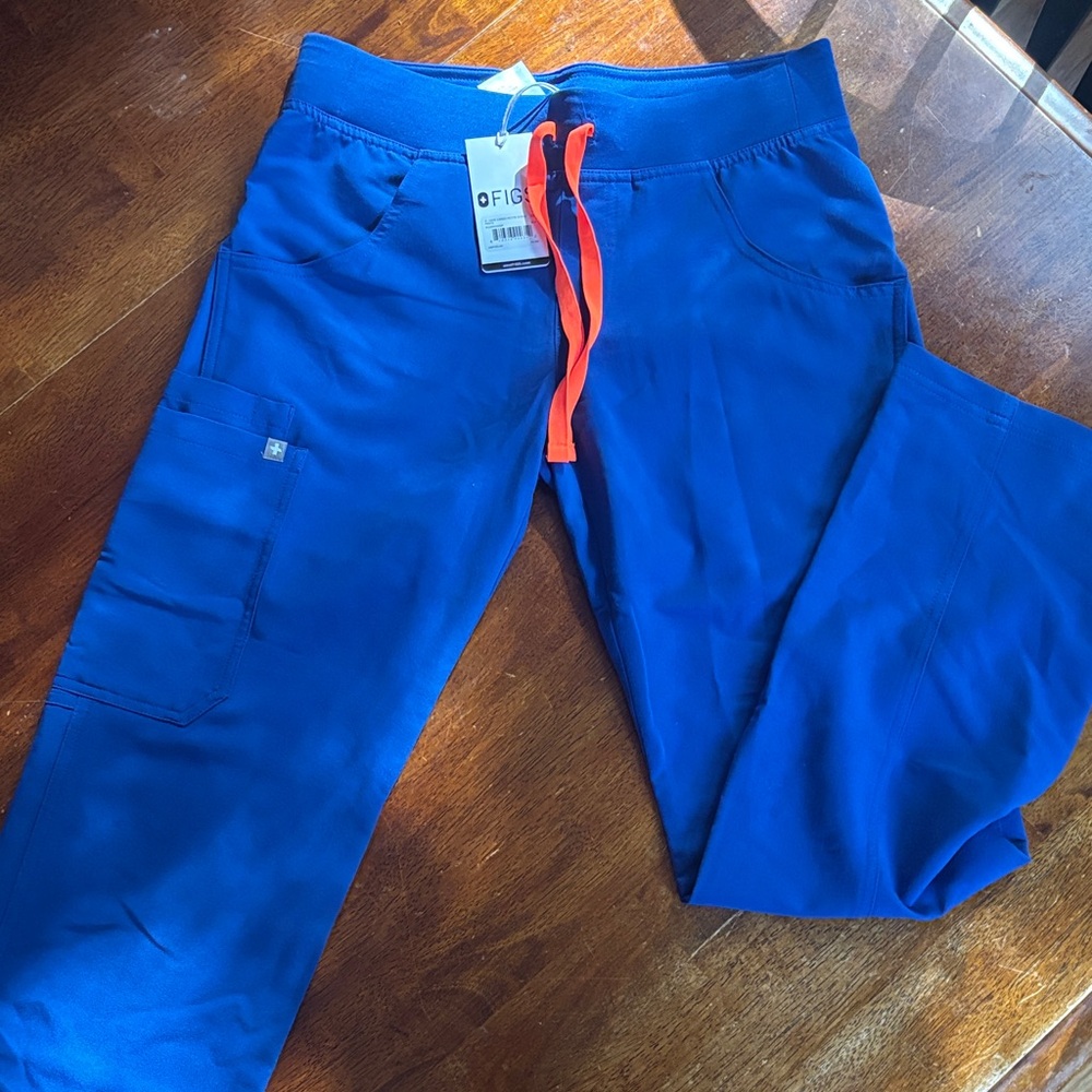 NWT Figs Kade Cargo Petite XS:  Royal Blue Scrub Pants with Orange Drawstring